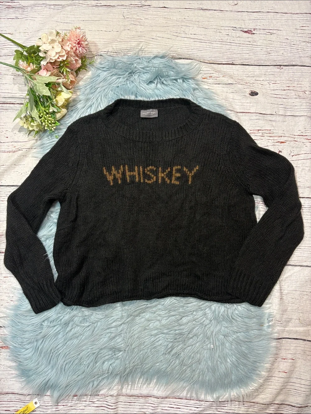 Wooden Ships Whiskey Cozy Knit Black Crew Neck Sweater